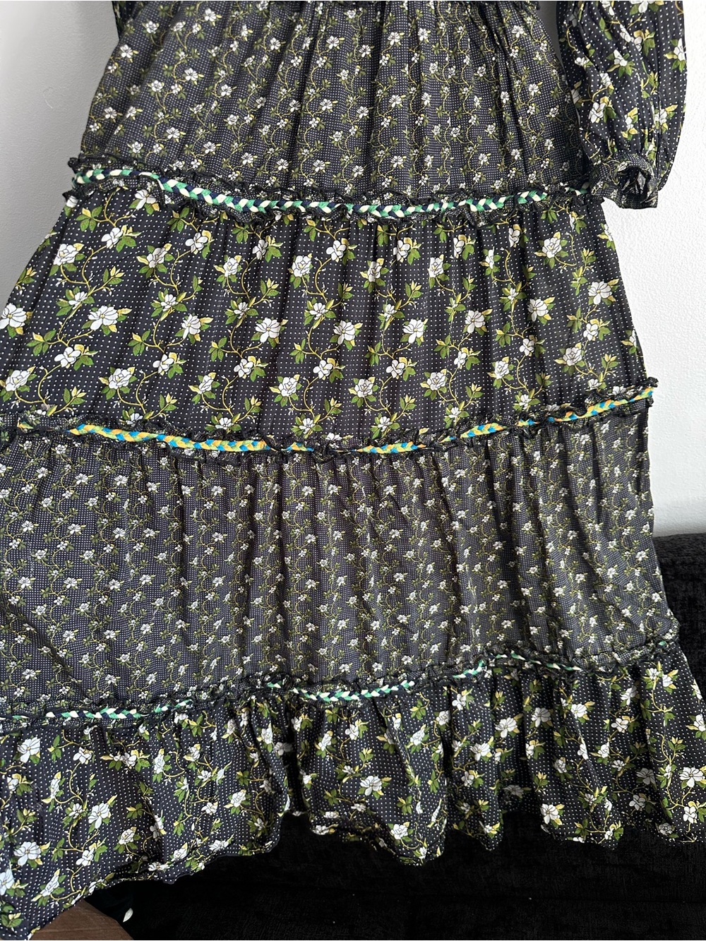 Anthropologie Karoline Black Floral Tiered Maxi Dress with Green Accents Small - Picture 7 of 16